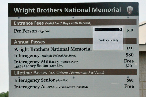 fee chart at the Wright Brothers National Memorial